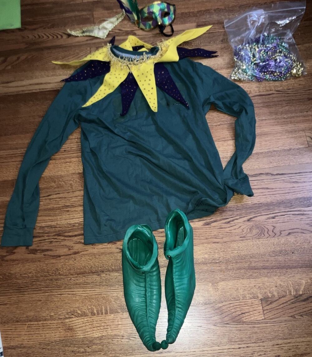 Mardi Gras Jester Holiday Halloween Adult Costume. Shirt, Shoes, Mask, Beads